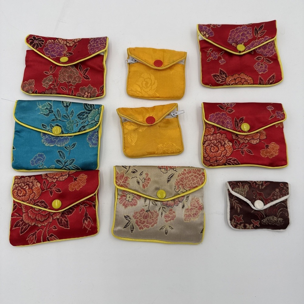 9 Vintage Satin Jewelry Pouches w/Zippers & Snap Closure Coin Purse‎